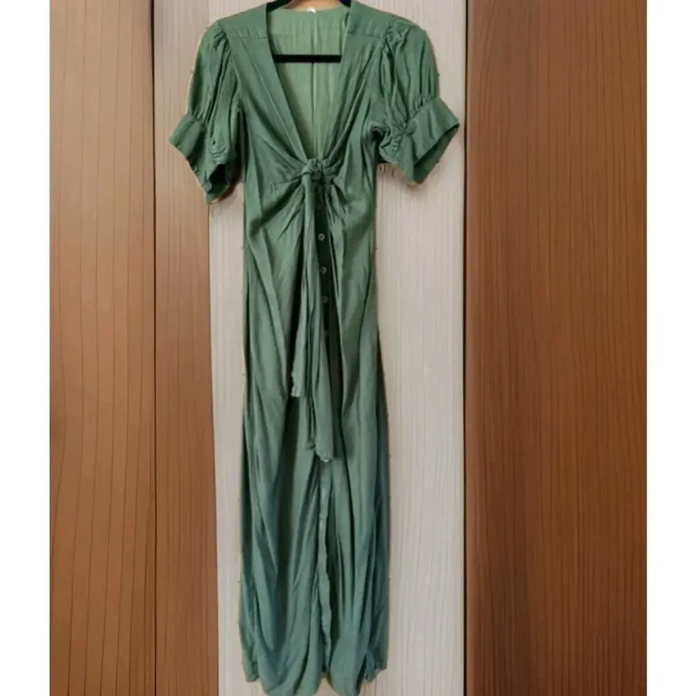 Free People Vintage Summer Button Green Olive Maxi Dress M